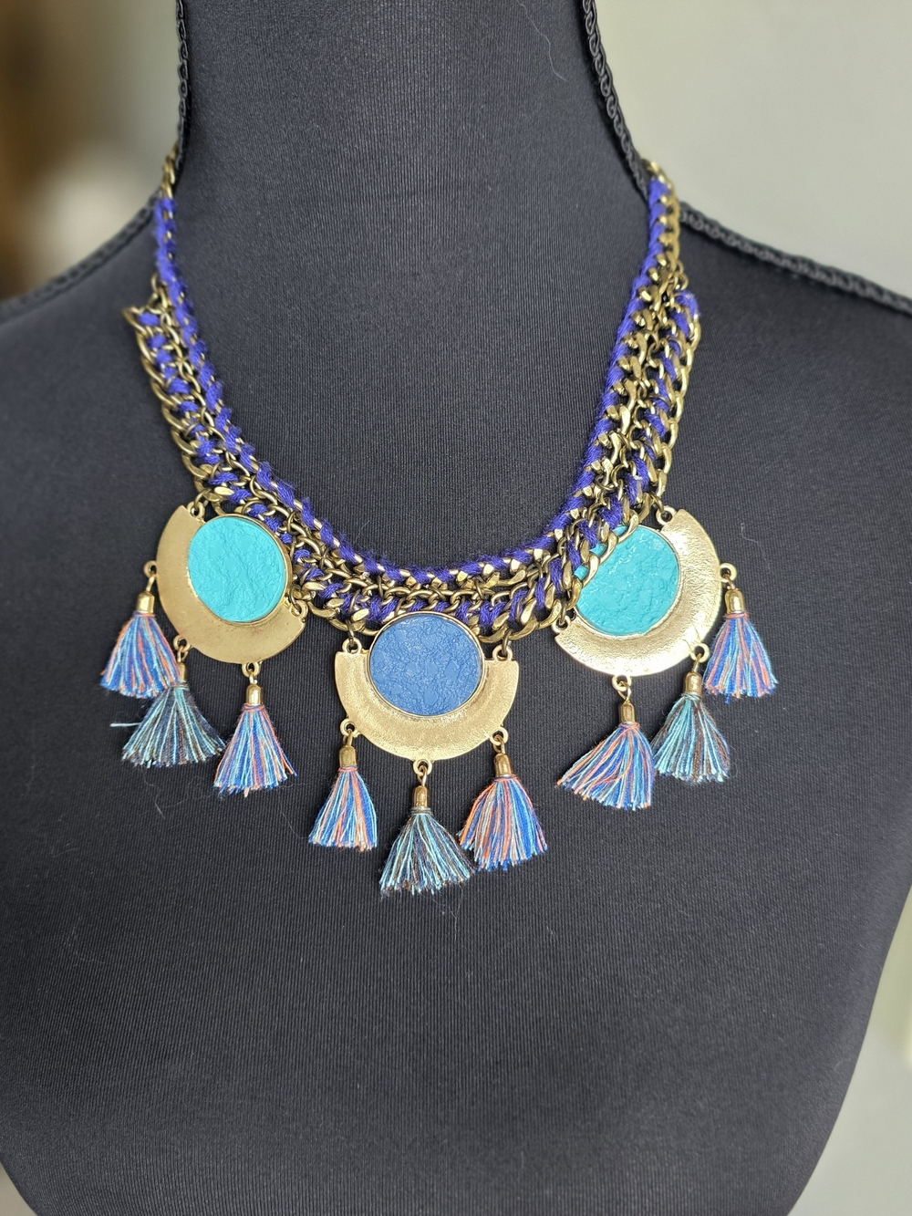 Boho Gold Tone Blue Turquoise Tassel Statement Bib Necklace 21"